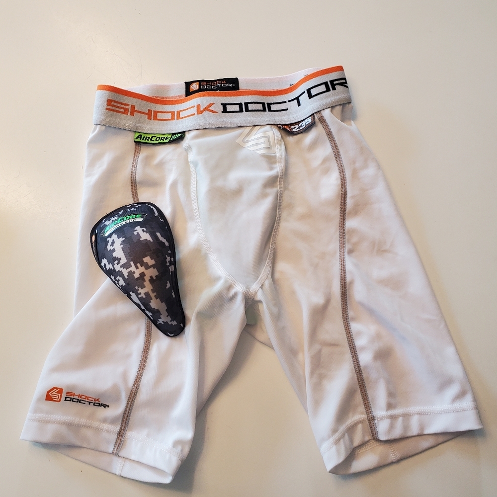 Shock Doctor Boys' White Compression Shorts with Protective Cup, Size M, Sports